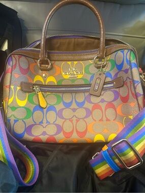 Coach Rainbow Signature Satchel with Brown Trim